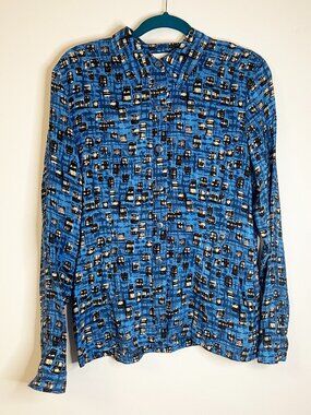 Vintage 100% Silk Blue Abstract Artsy Blouse Long Sleeve Lightweight Size M